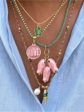Gold Pink 'Love' Charm Necklace Layered Set